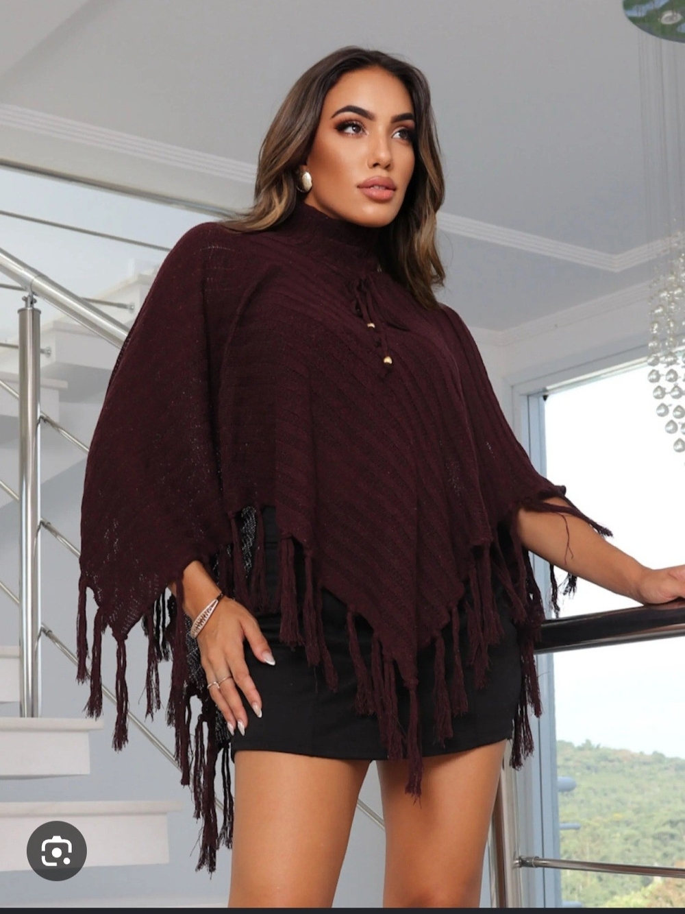 Love By Design Hooded Fringe Knit Poncho Sweater - Deep Plum Size Large